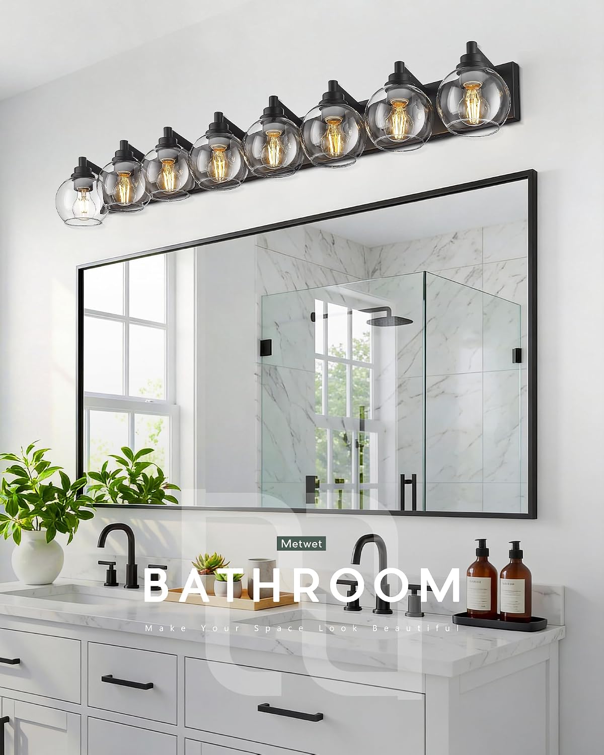 8-Light Bathroom Light Fixtures, Matte Black Vanity Light, 52 Inch Modern Wall Sconces with Globe Clear Glass Shade, Vanity Lighting Fixtures Over Mirror, VL195-MB-8