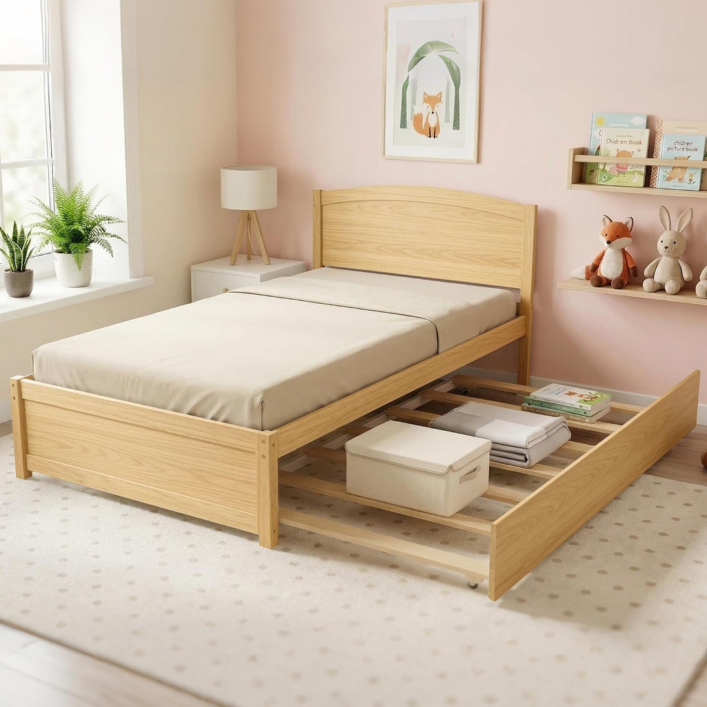 Xilingol Trundle Bed Twin, Solid Wood Beds Frames with Headboard and Wooden Slats Support, Twin Trundle Beds Frame Roll Out, Single Box Bed (No Box Spring Needed), Natural
