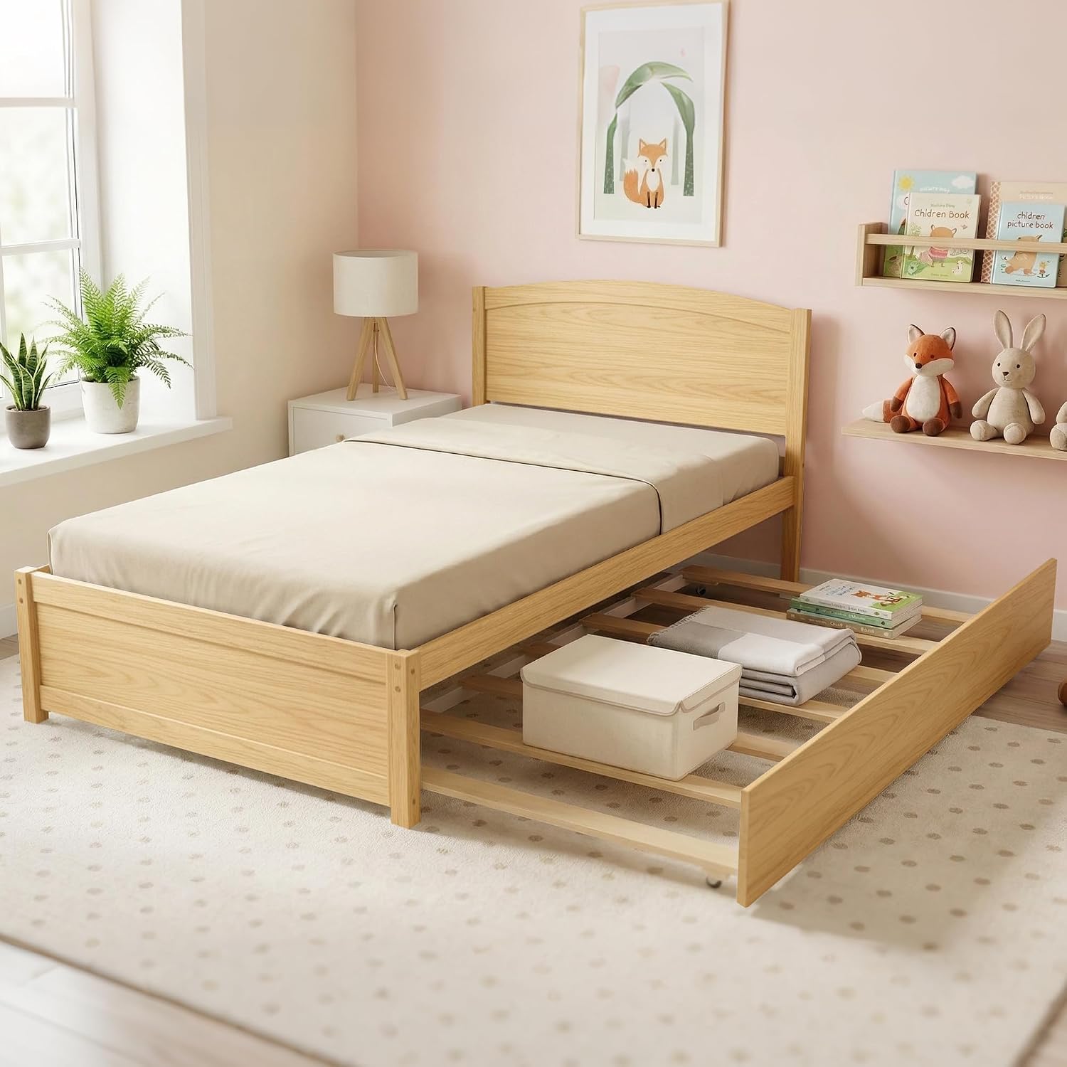 Xilingol Trundle Bed Twin, Solid Wood Beds Frames with Headboard and Wooden Slats Support, Twin Trundle Beds Frame Roll Out, Single Box Bed (No Box Spring Needed), Natural