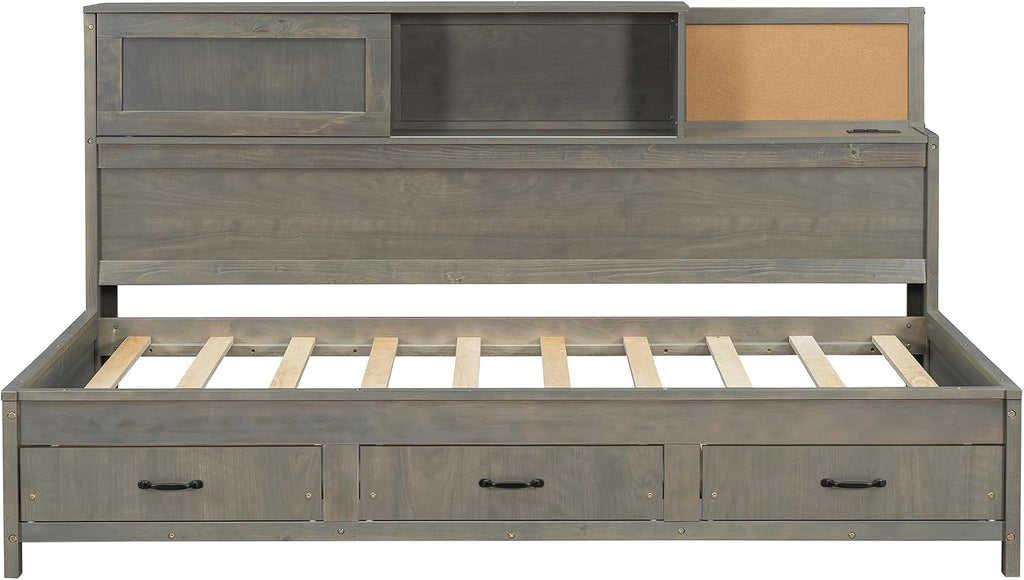 Wooden Daybed with 3 Storage Drawers, Upper Soft Board, Shelf, and a Set of Sockets and USB Ports, Twin Size, Gray