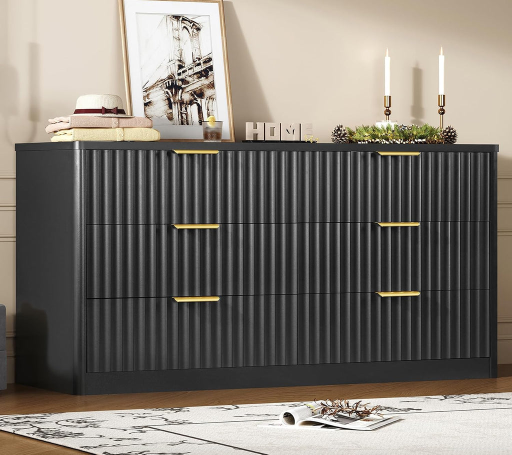 TEENFON Fluted 6 Drawer Dresser for Bedroom, Wide Modern Chest of Drawers with Metal Handle, Curved Profile Design, Wood Closet Clothes Storage Organizer for Bedroom, Living Room, Hallway, Black