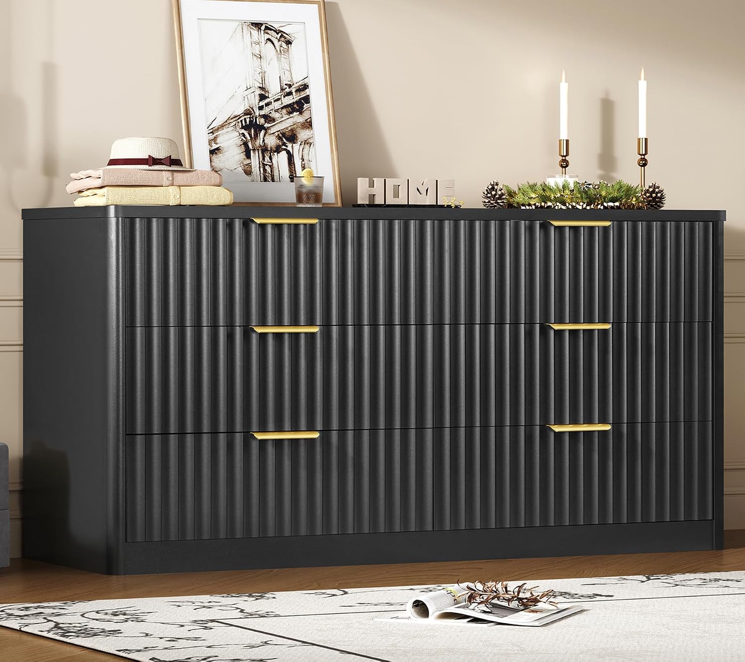 TEENFON Fluted 6 Drawer Dresser for Bedroom, Wide Modern Chest of Drawers with Metal Handle, Curved Profile Design, Wood Closet Clothes Storage Organizer for Bedroom, Living Room, Hallway, Black