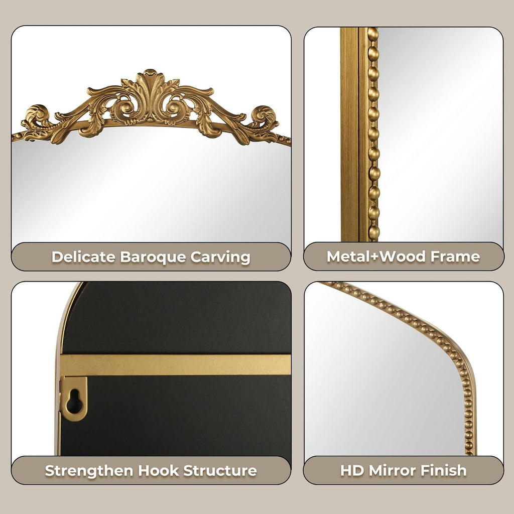 40'x30' Gold Large Antique Mirror, Vintage Baroque Mirror with Ornate Beaded Frame for Home Decor - Living Room, Entryway, Bathroom, Fireplace