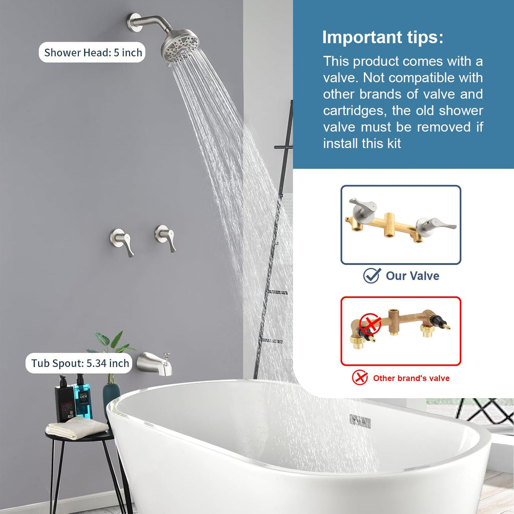 2 Handle Shower Faucet Set with Tub Spout Bathtub Shower Faucet Combo Set Shower System Complete Tub and Shower Trim Kit Wall Mounted Shower Fixtures Brushed Nickel