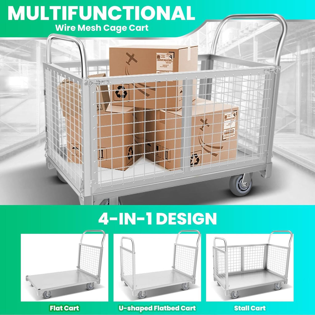 4-in-1 Platform Truck Cart with Cage, Multi-Functional Push Dolly Heavy Duty Flatbed Cart, 2200LBS Capacity Utility Cart for Grocery, Garage