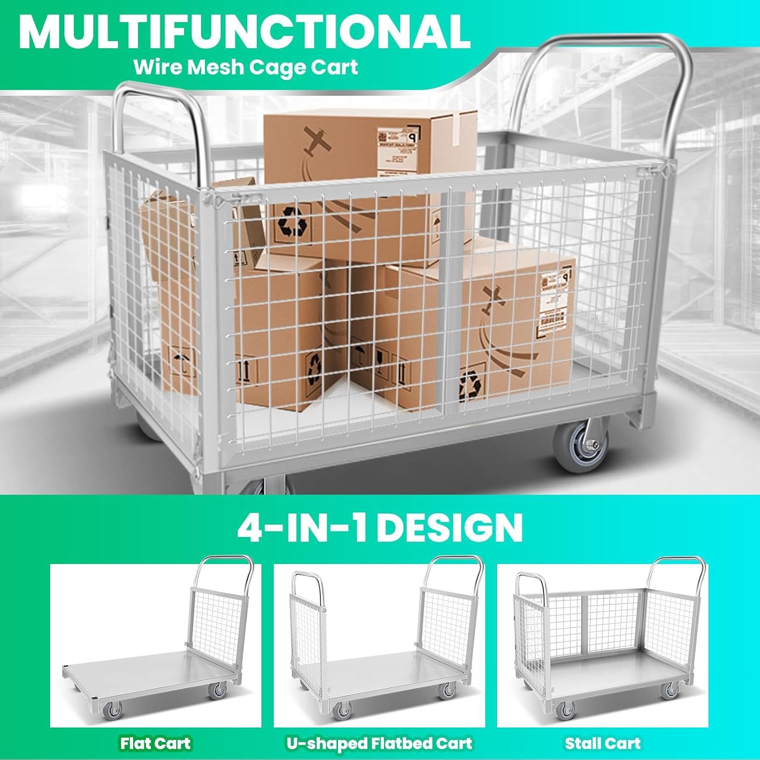 4-in-1 Platform Truck Cart with Cage, Multi-Functional Push Dolly Heavy Duty Flatbed Cart, 2200LBS Capacity Utility Cart for Grocery, Garage