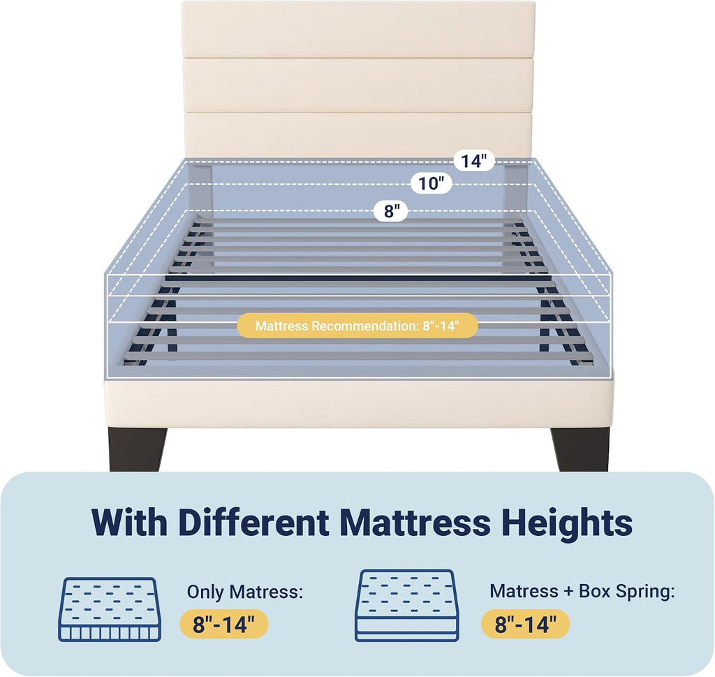 Allewie Twin Size Platform Bed Frame with Fabric Upholstered Headboard and Wooden Slats Support, Fully Upholstered Mattress Foundation/No Box Spring Needed/Easy Assembly, Cream