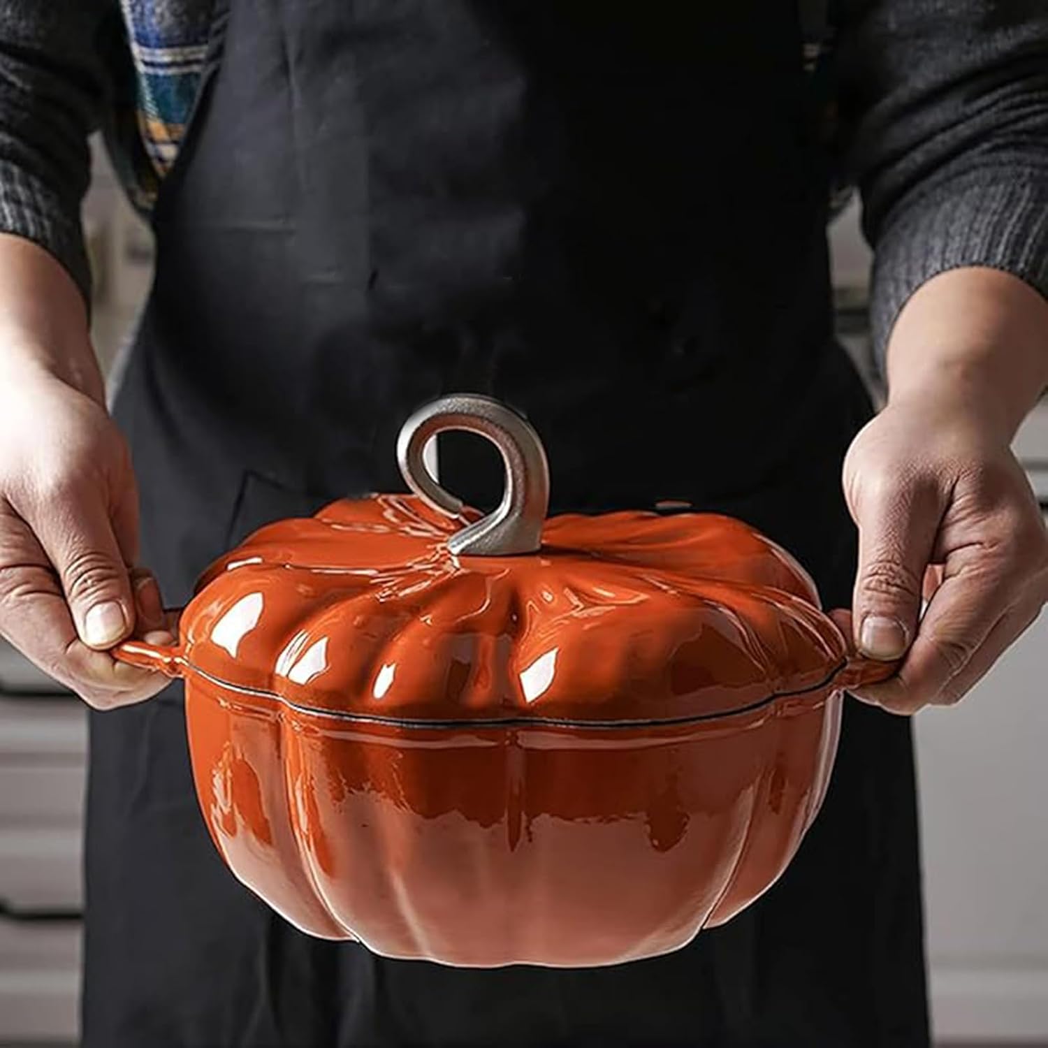 Orange,Mswborml Pumpkin Enameled Cast Iron Dutch Oven w/Lid, Shallow Casserole Braiser with Dual Handle, Heavy-Duty Enamelled Cooking Pot Non-Stick Ceramic Coating, Oven, Induction Compatible
