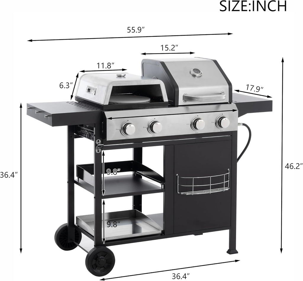 49,200 BTU High Efficiency 4 Burner Grill with Lid - Comes with Griddle Combo and 2 Wheels for Easy Mobility