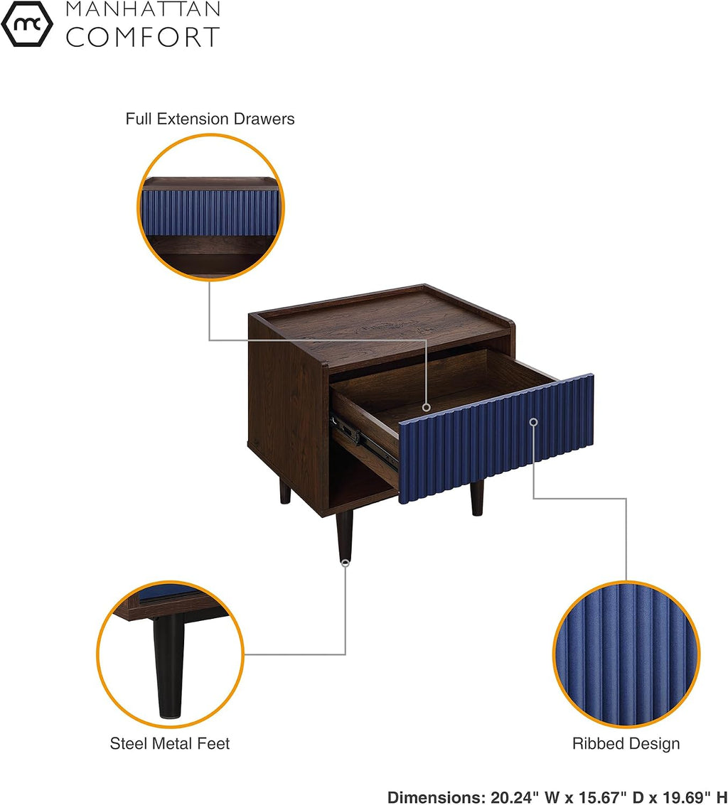 Manhattan Comfort Duane Fluted Nightstand with Full Extension Drawer and Open Shelf, Steel Legs, Bedside Table, Industrial Chic Accent Table for Living Room, Entryway and Bedroom in Navy Blue