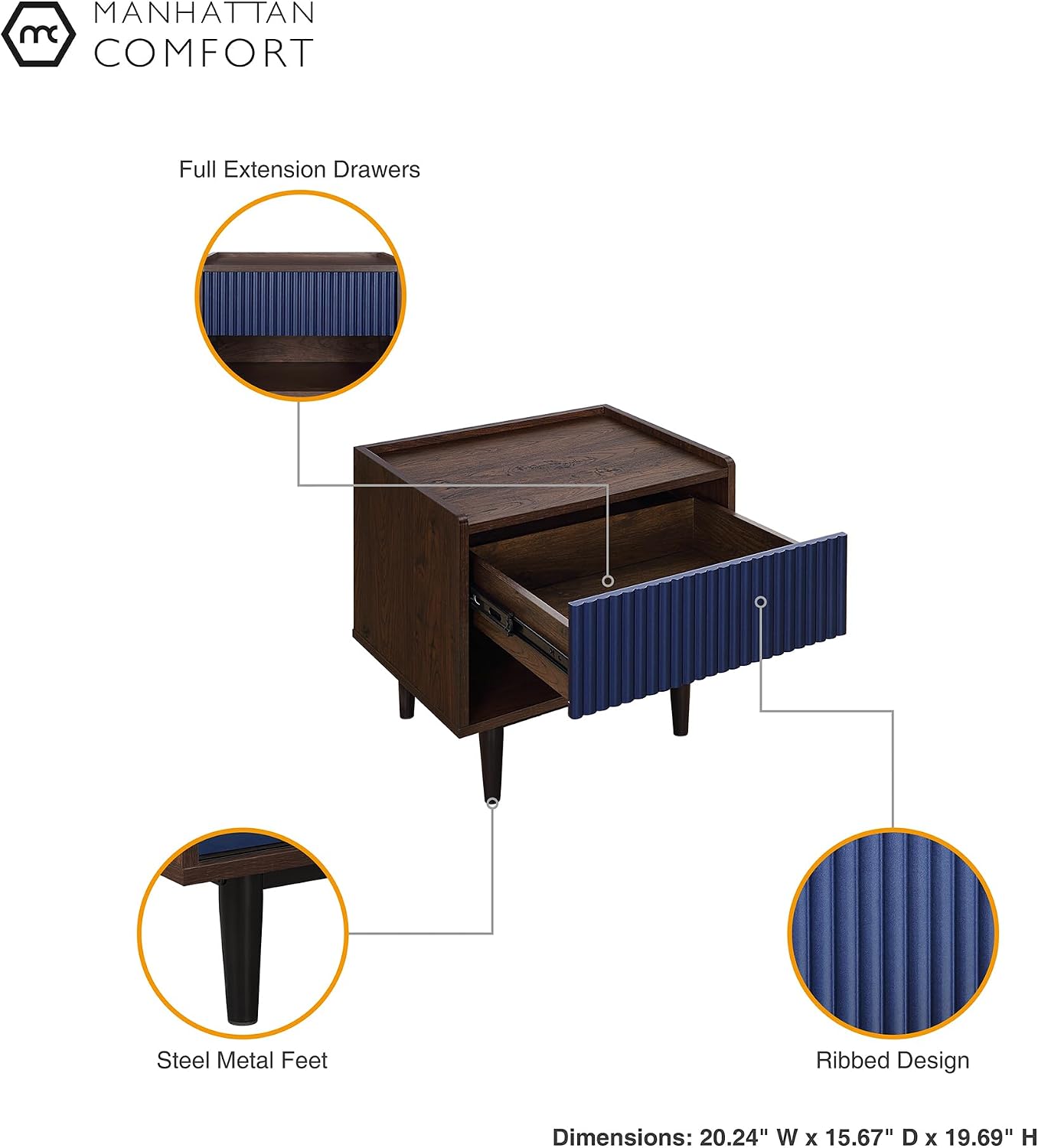 Manhattan Comfort Duane Fluted Nightstand with Full Extension Drawer and Open Shelf, Steel Legs, Bedside Table, Industrial Chic Accent Table for Living Room, Entryway and Bedroom in Navy Blue