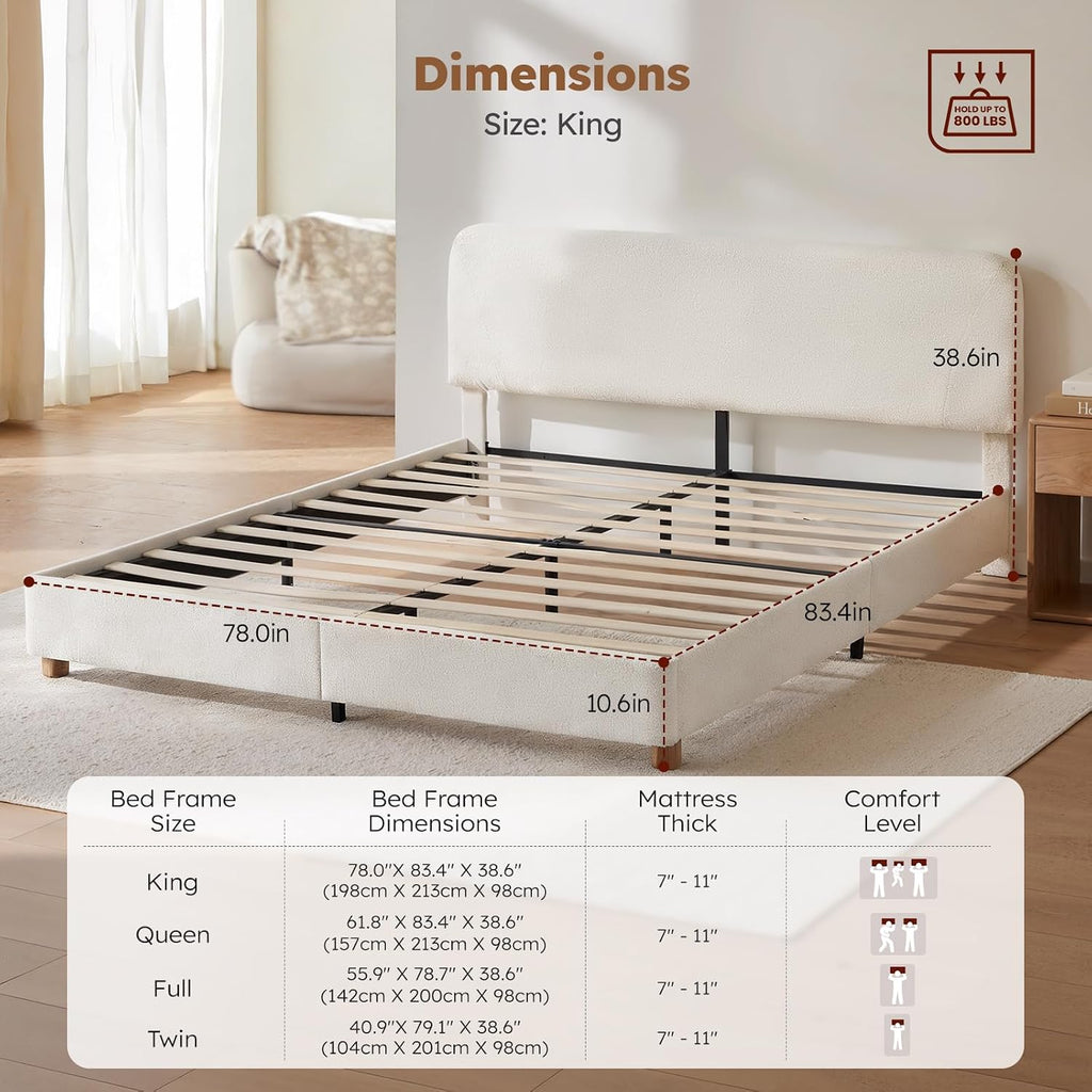 King Size Cloud Bed Frame, Upholstered Boucle Bed Frame with Adjustable Headboard, Solid Wood Legs, Rounded Corners Design & Easy Assembly – Modern Platform Bed,Cream