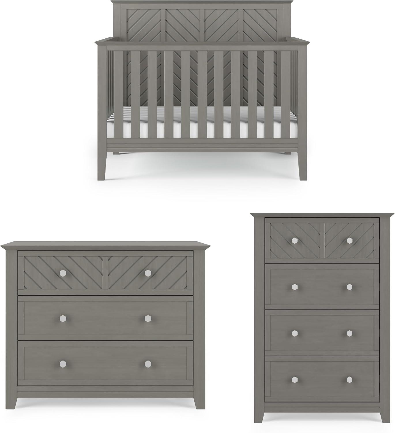 Child Craft Atwood Design 4-in-1 Convertible Baby Crib Nursery Furniture Set, Baby Bed, 3 Drawer Dresser and Chest Drawer, for Babies, Toddlers and Kids Bedroom (3 Piece - Lunar Gray)