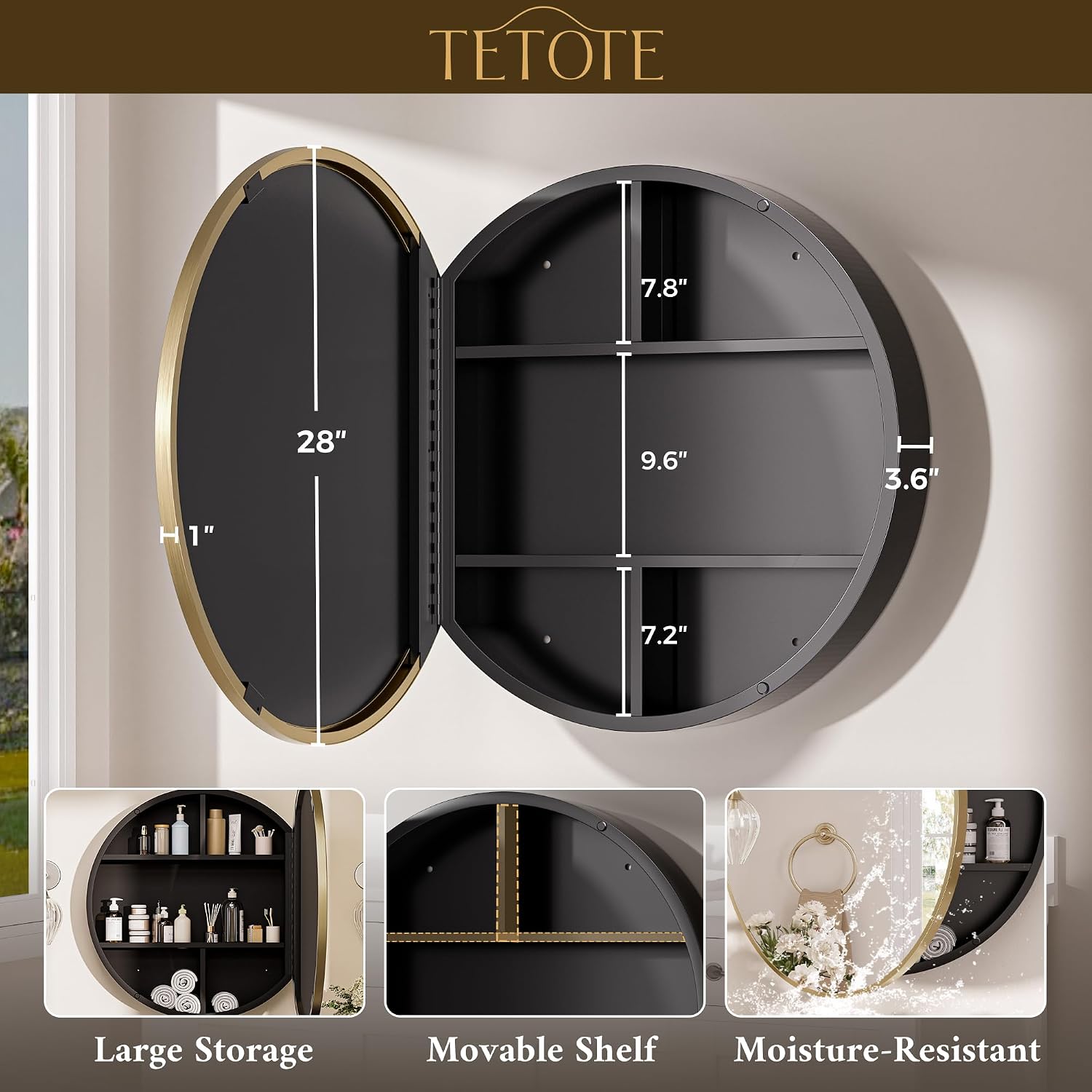 TETOTE Gold Medicine Cabinet with Mirror Round Medicine Cabinets Mirror for Bathroom 28 x 28 Adjustable Shelves Modern Bathroom Organizer with Shelves Wall Mounted