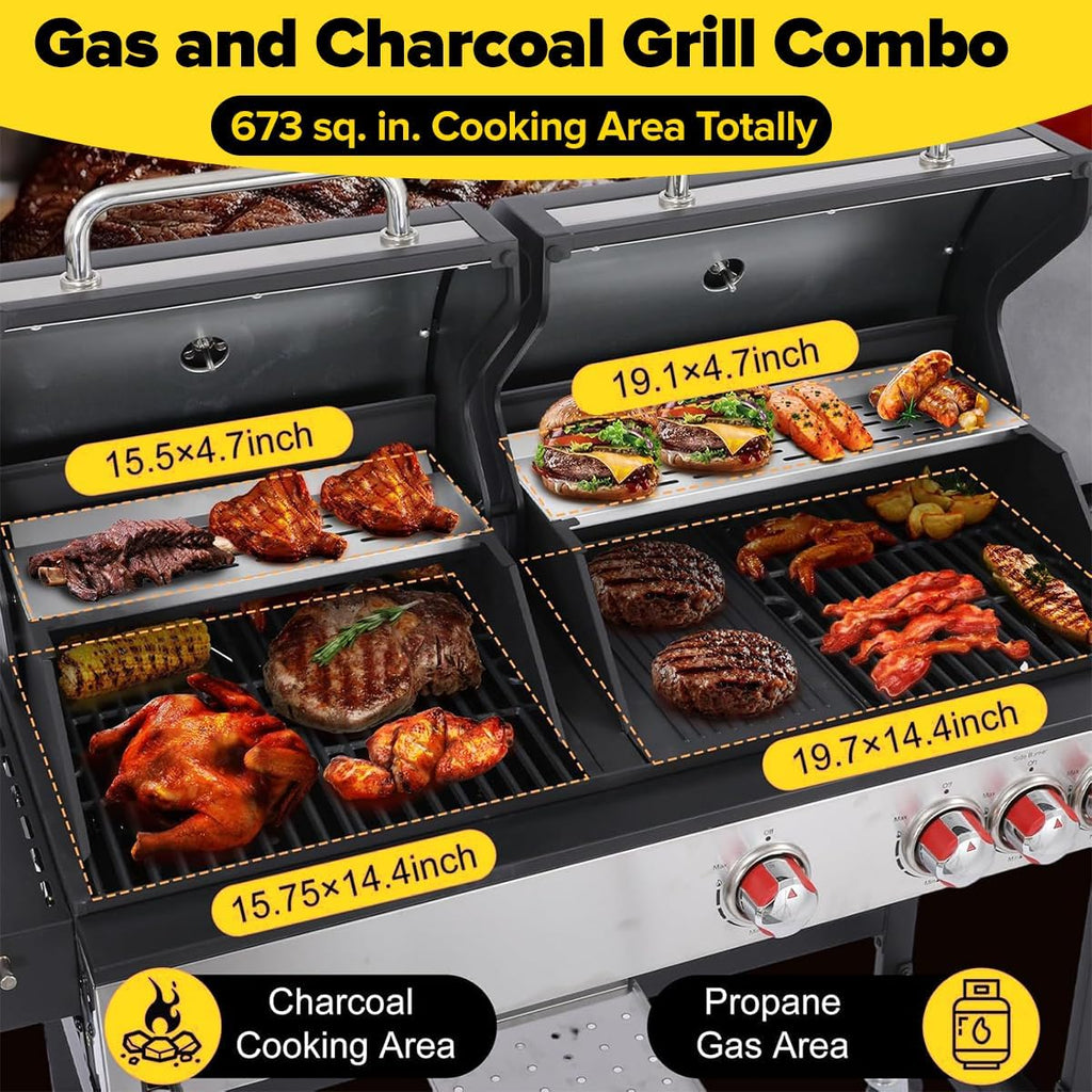 CIG GARDEN 3-Burner Dual Fuel Gas and Charcoal Combo Grill with Side Burner, 41,500 BTU Outdoor Barbecue, Cast Iron Grates - Perfect for Patio, Balcony, Backyard & Camping