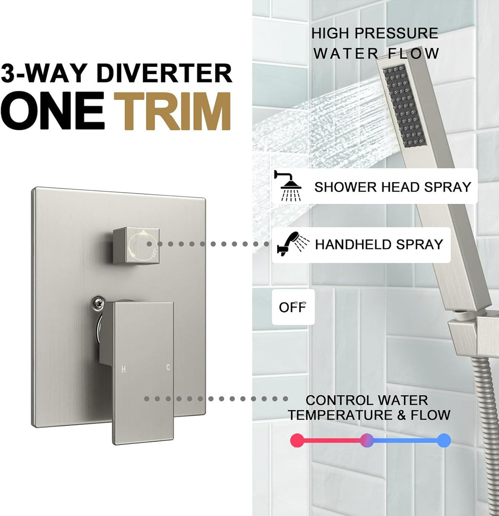 Lava Odoro Modern 2-Setting Square Shower System with Rain Shower Head and Handheld Spray Brushed Nickel, Rainfall Shower Faucet Set Brushed Nickel, Shower Valve and Trim Kit, SF103-BN