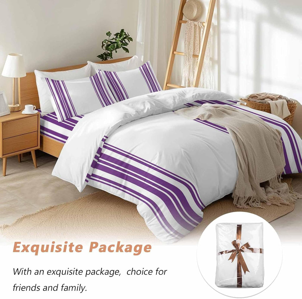 Dark Purple and White Striped Duvet Cover Set Queen Size 4 Pieces Modern Minimalist Vertical Lines Bedding Set with Zipper Closure, 1 Comforter Cover 86x86 Inches 1 Flat Sheet & 2 Pillow Cases