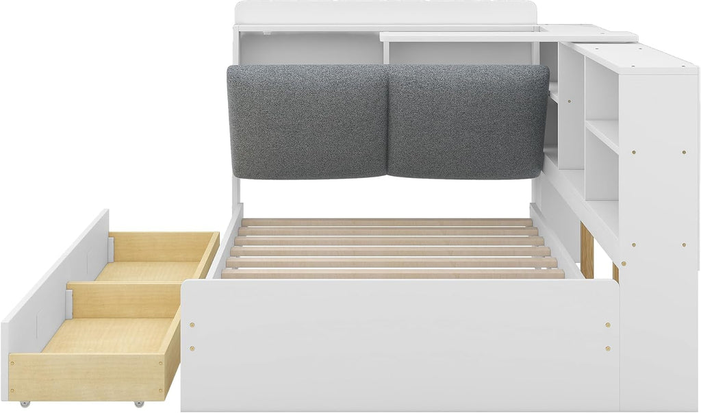 Bellemave Twin Corner Bed Frame, Captains Bedframe, Wood Twin Size Daybed with L-Shaped Bookcase and 2 Drawers，Twin Daybeds with Storage Cabinets, White