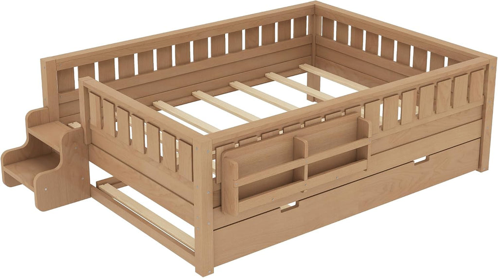 Bellemave Full Bed with Trundle and Stairs, Full Size Platform Bed Frame with Fence and Bookshelf, Easy Assemble Beds for Kids, Girls, Boys, Natural