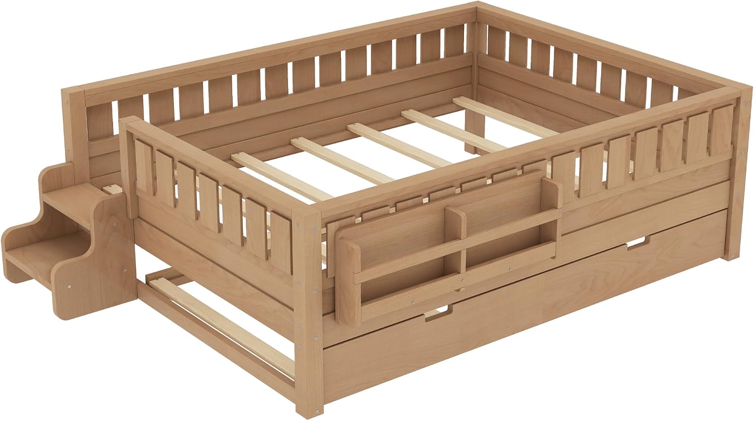 Bellemave Full Bed with Trundle and Stairs, Full Size Platform Bed Frame with Fence and Bookshelf, Easy Assemble Beds for Kids, Girls, Boys, Natural