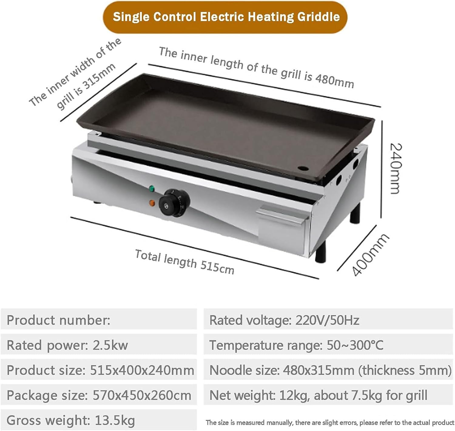 2500W 21' Commercial Electric Countertop Griddle Grill, Stainless Steel Restaurant Grill Tabletop Flat Grill with Adjustable Temperture Control Nonstick Flat Top Grill
