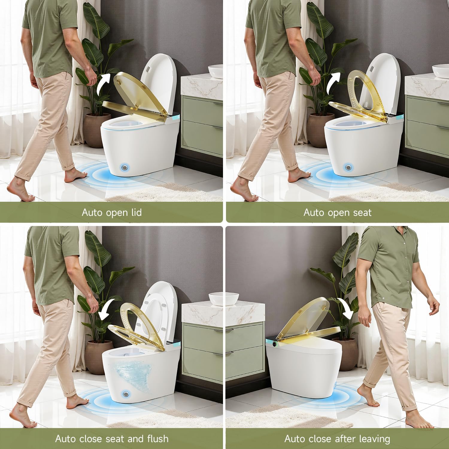 Smart Bidet Toilet Auto Open/Close Lid, Heated Seat with Warm Water Sprayer & Dryer, Tankless Smart Toilet with Auto Dual Flush,Foot Sensor Operation,One Piece Toilet for Bathrooms