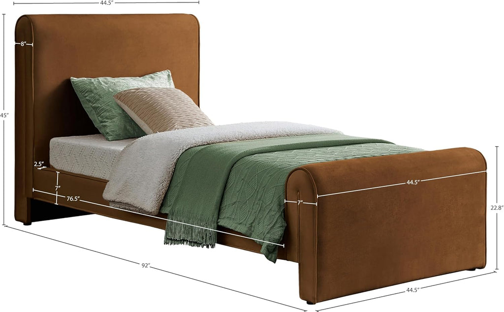 Meridian Furniture SloanSaddle-T Sloan Collection Modern | Contemporary Velvet Upholstered Twin Bed with Rich Soft Saddle Velvet, Curved Headboard and Footboard, 44.5' W x 92' D x 45' H, Saddle, Twin