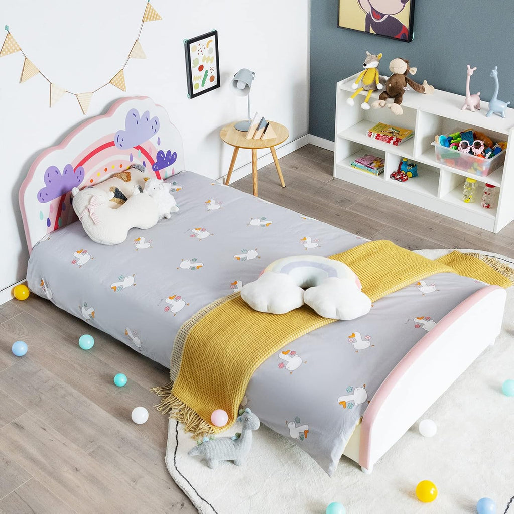 Costzon Twin Bed Frames for Kids, Wood Upholstered Twin Bed Platform with Slat Support, Padded Headboard&Footboard, No Box Spring Needed, Easy Assembly, Fits Standard Twin Mattress (Cloud)