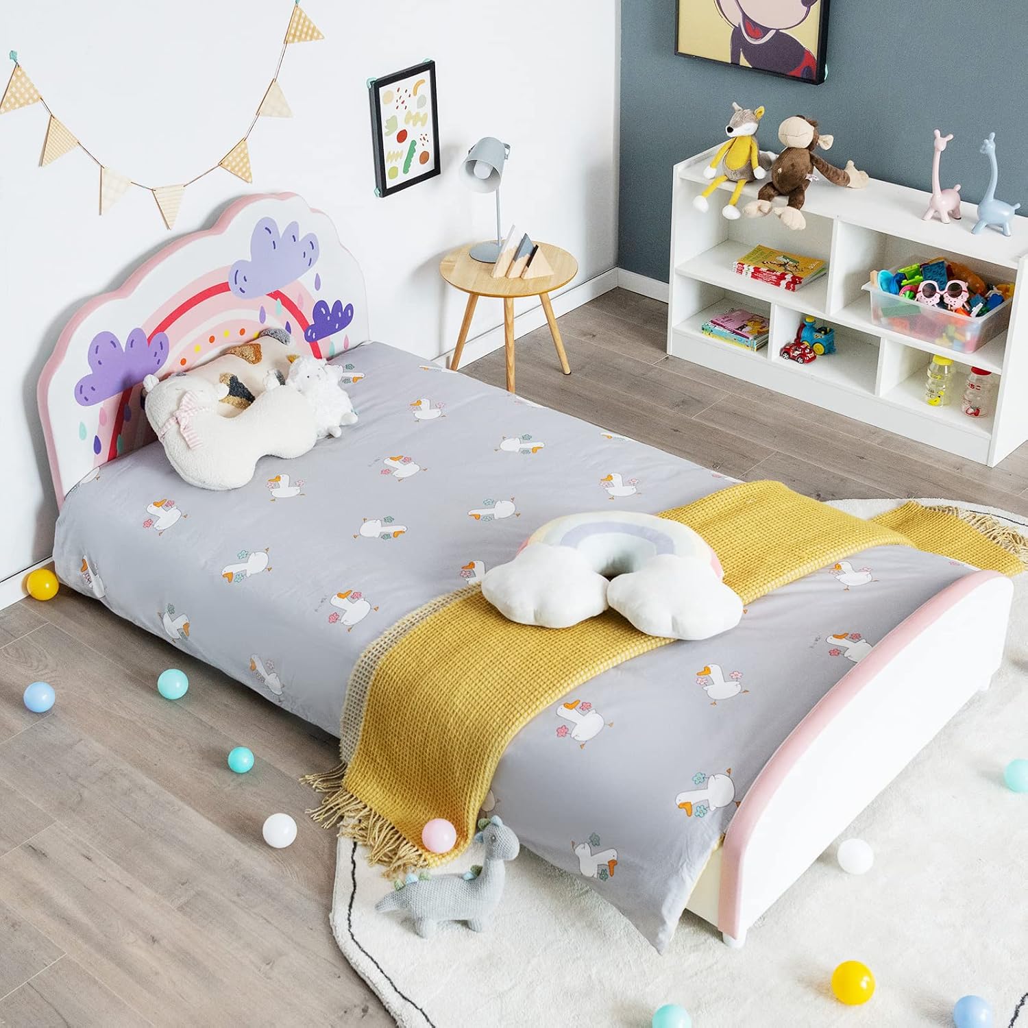Costzon Twin Bed Frames for Kids, Wood Upholstered Twin Bed Platform with Slat Support, Padded Headboard&Footboard, No Box Spring Needed, Easy Assembly, Fits Standard Twin Mattress (Cloud)