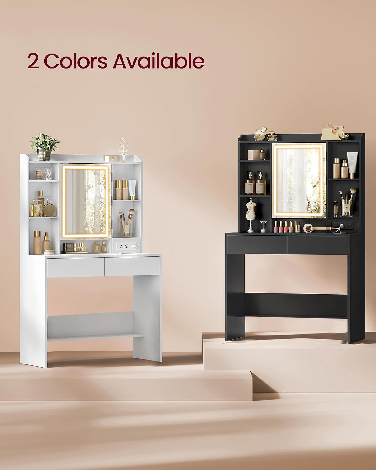 VASAGLE Kailyn Collection - Vanity Desk with Power Outlets, Makeup Vanity with Mirror and Lights, LED Lights, 6 Compartments, 2 Drawers, for Bedroom, Cloud White URDT031WB02S