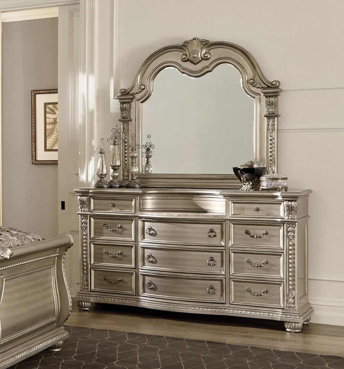 Traditional Classic 5 Pieces Queen Size Set Silver Finish Faux Leather Upholstered Bed Classic Design Marble Top Formal Bedroom Furniture