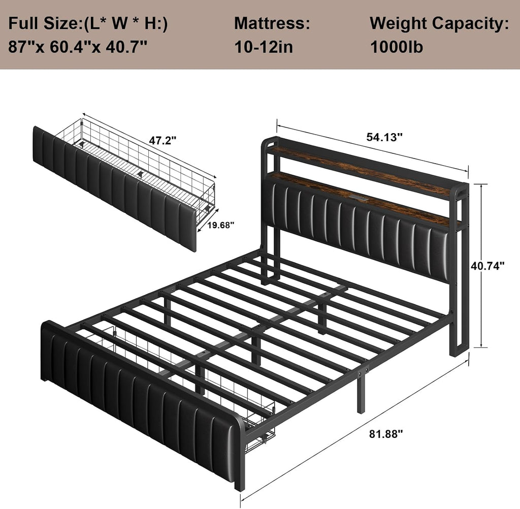 LOEWAY Full Size Bed Frame with Storage Headboard, Metal Platform Bed with LED Lights, Charging Station, Storage Drawers, Noise Free, No Box Spring Needed, Black