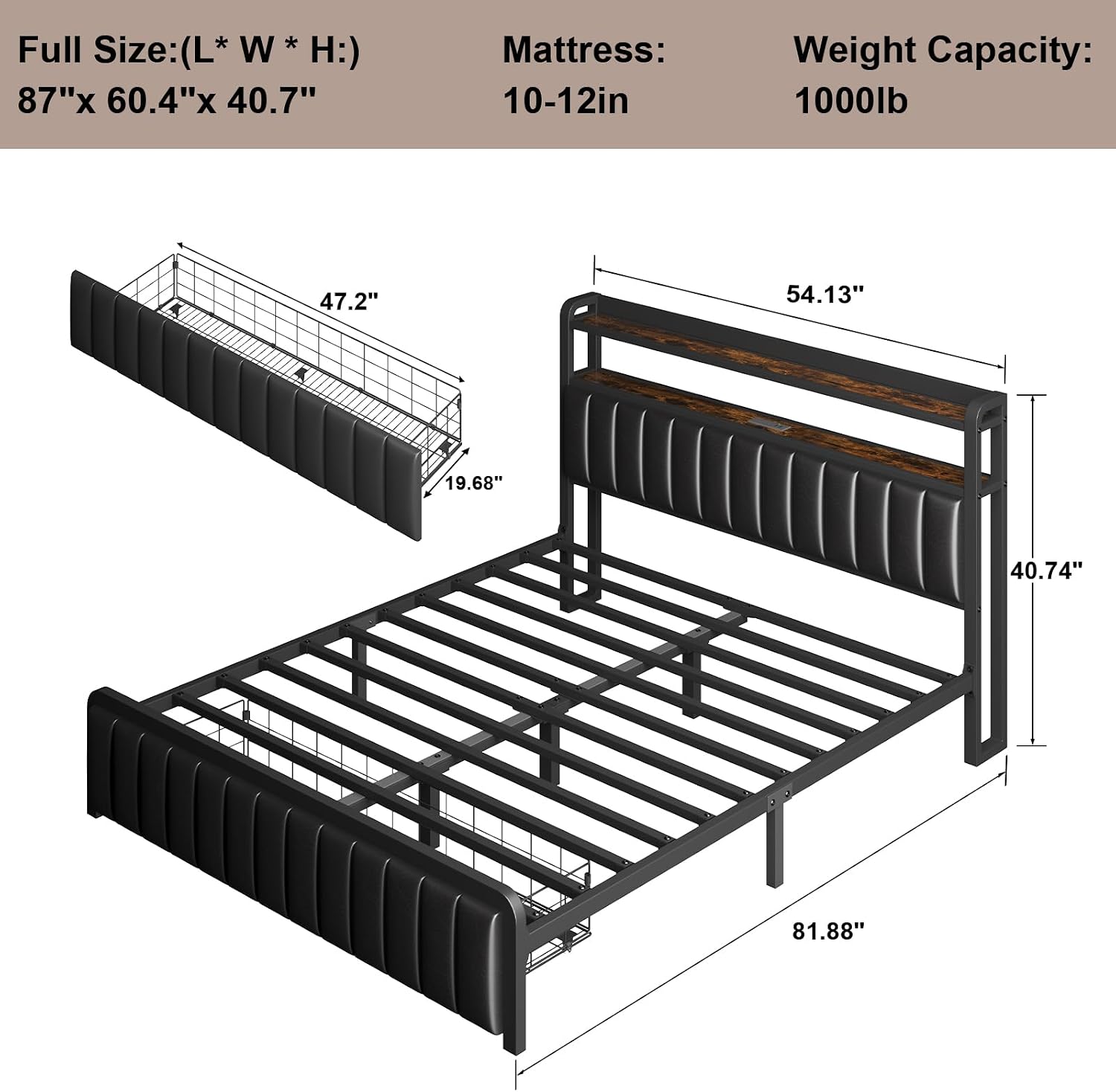 LOEWAY Full Size Bed Frame with Storage Headboard, Metal Platform Bed with LED Lights, Charging Station, Storage Drawers, Noise Free, No Box Spring Needed, Black