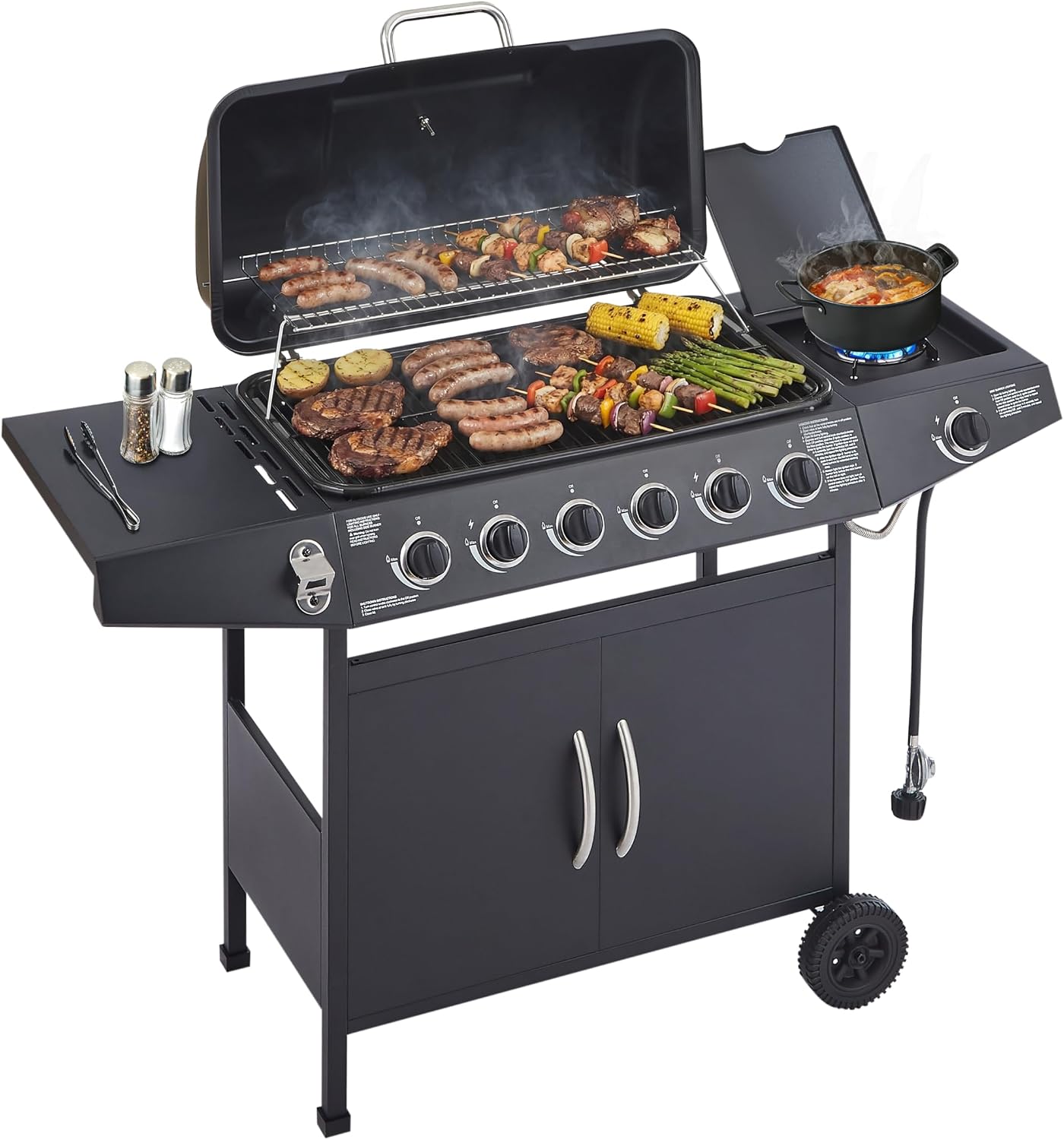 6-Burner Propane Gas Grills for Outdoor Cooking, 59000 BTU BBQ Portable Flat Top Grill Output Stainless Steel Barbecue Grill with Cabinet & Rolling Wheels and Side Tables (6 IN 1)