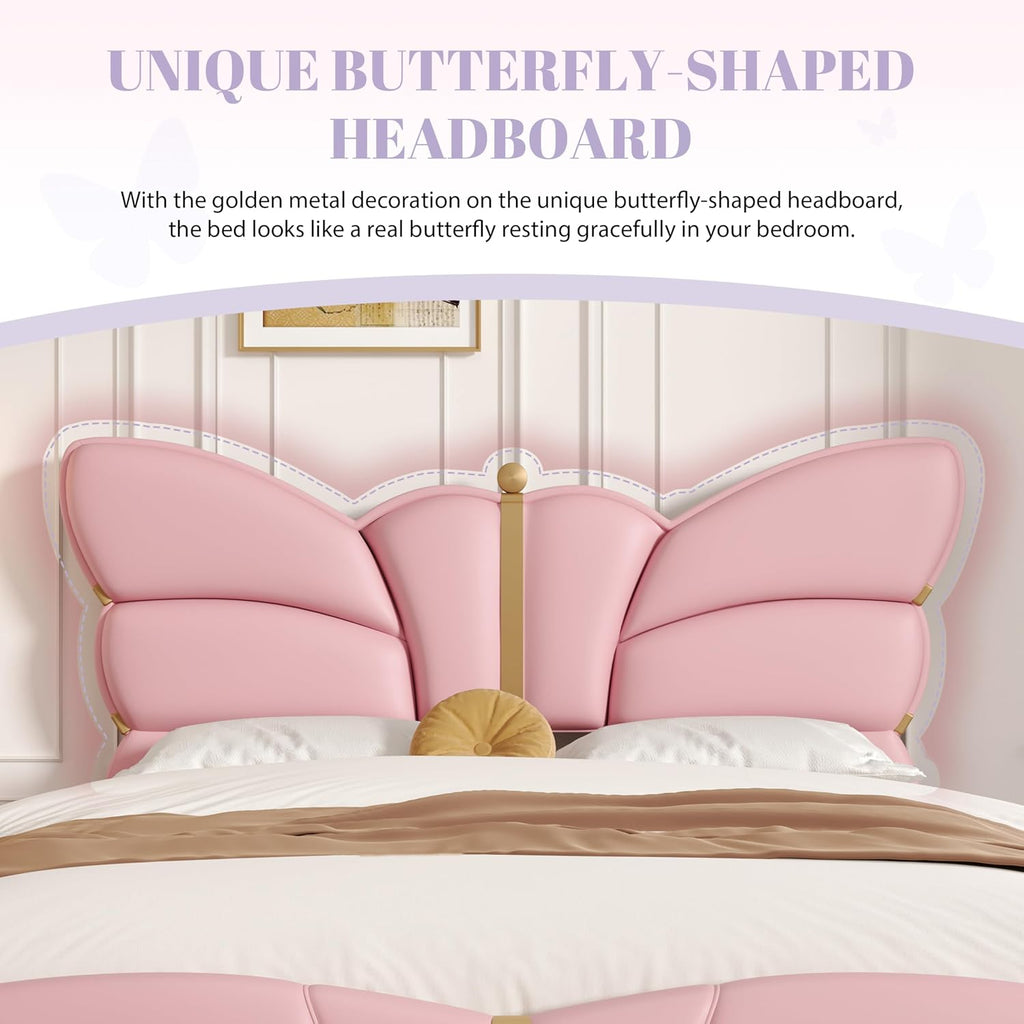 Merax PU Leather Upholstered Platform Bed with Butterfly Shaped Headboard and Footboard, Queen Size Bed Frame for Bedroom, Solid Wood Slats Support, No Box Spring Needed, Easy Assembly, Light Pink