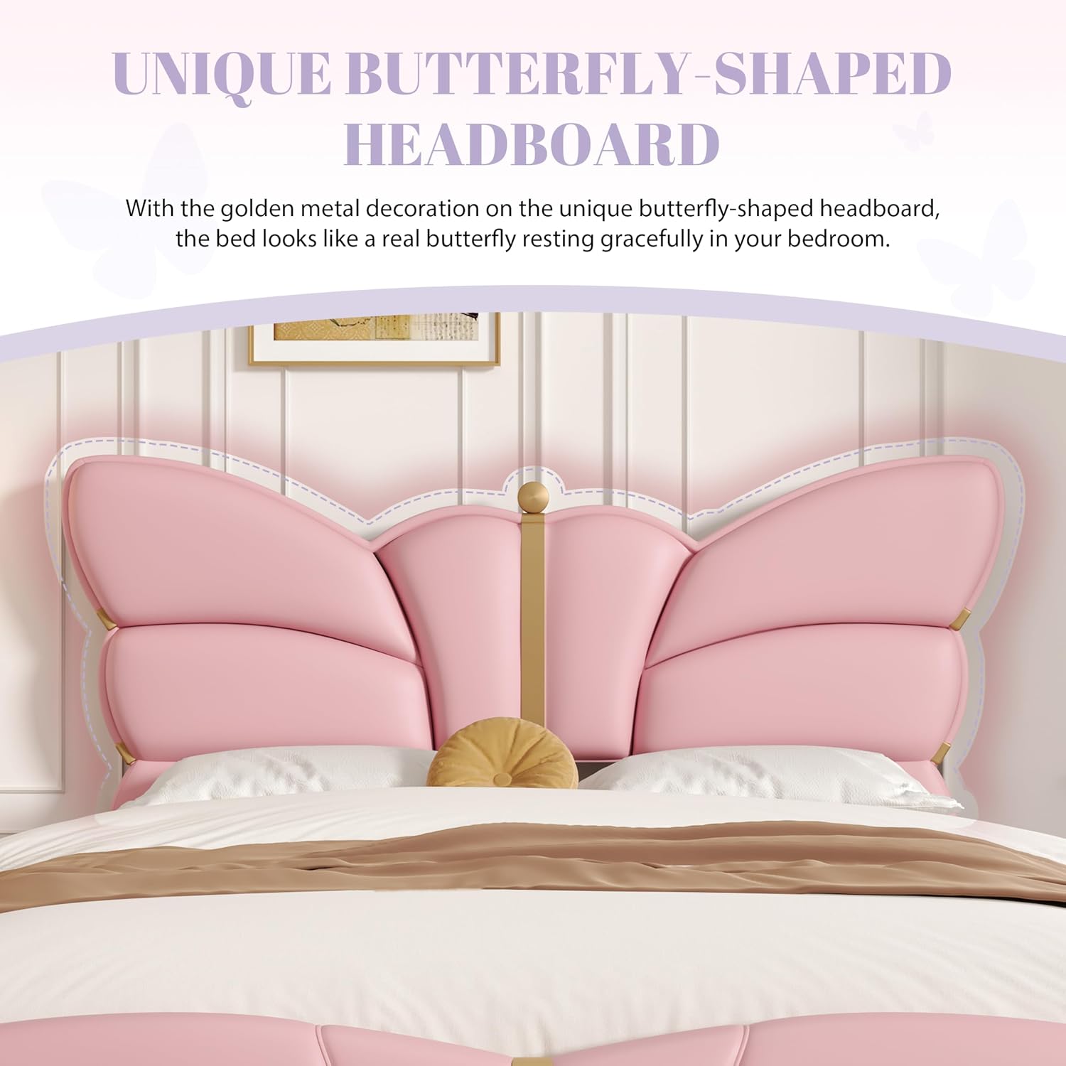 Merax PU Leather Upholstered Platform Bed with Butterfly Shaped Headboard and Footboard, Queen Size Bed Frame for Bedroom, Solid Wood Slats Support, No Box Spring Needed, Easy Assembly, Light Pink