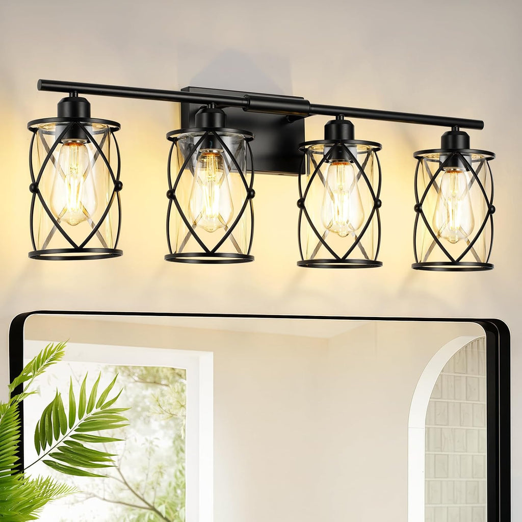 4-Light Black Bathroom Light Fixtures, 29 Inch Modern Bathroom Vanity Lighting Fixtures Over Mirror with Clear Glass and Metal Cage Wall Sconce Lights for Bath, E26, CH9176BK-4W