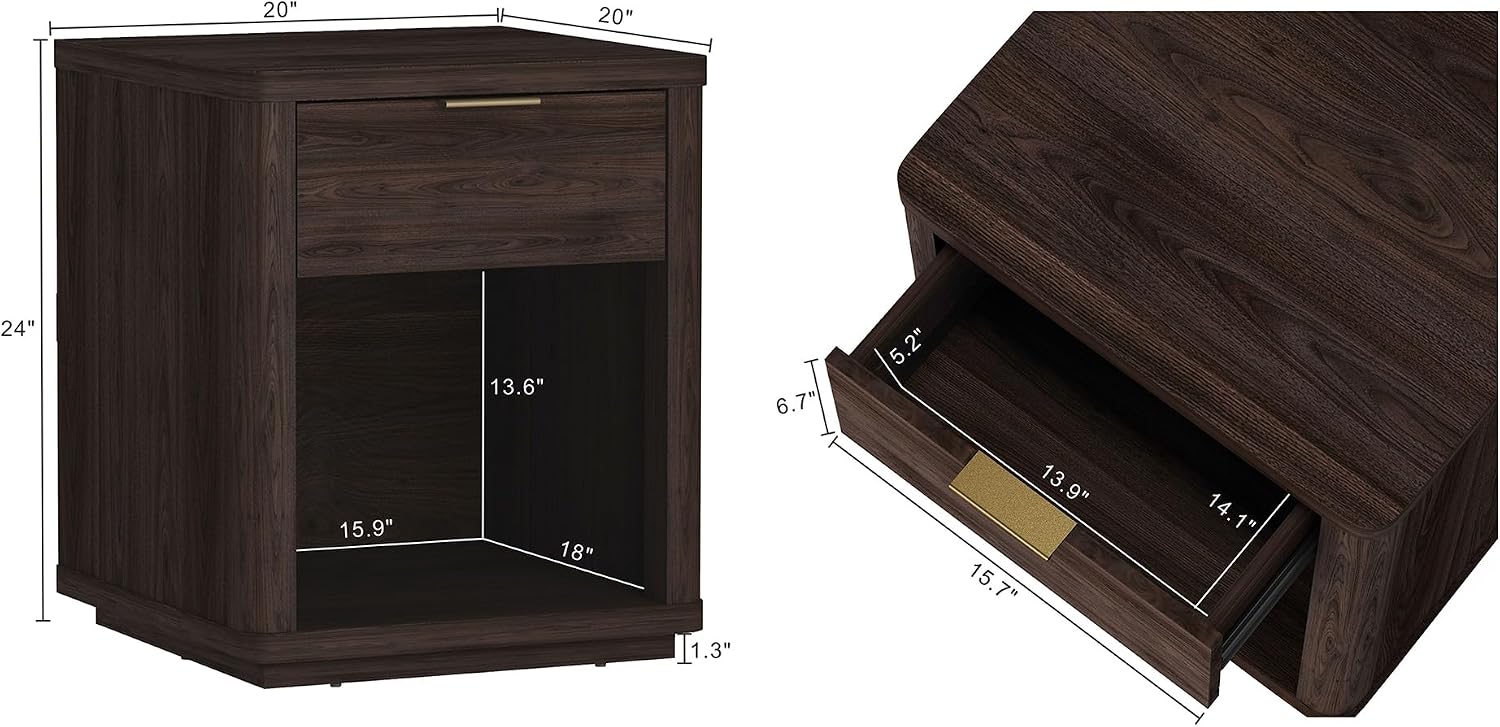 Manhattan Comfort Evelyn Nightstands Set of 2 with Full Extension Drawer and Open Shelf – Modern Bedroom Night Stand or Living Room Side Tables with Storage – Easy Assembly, Brown