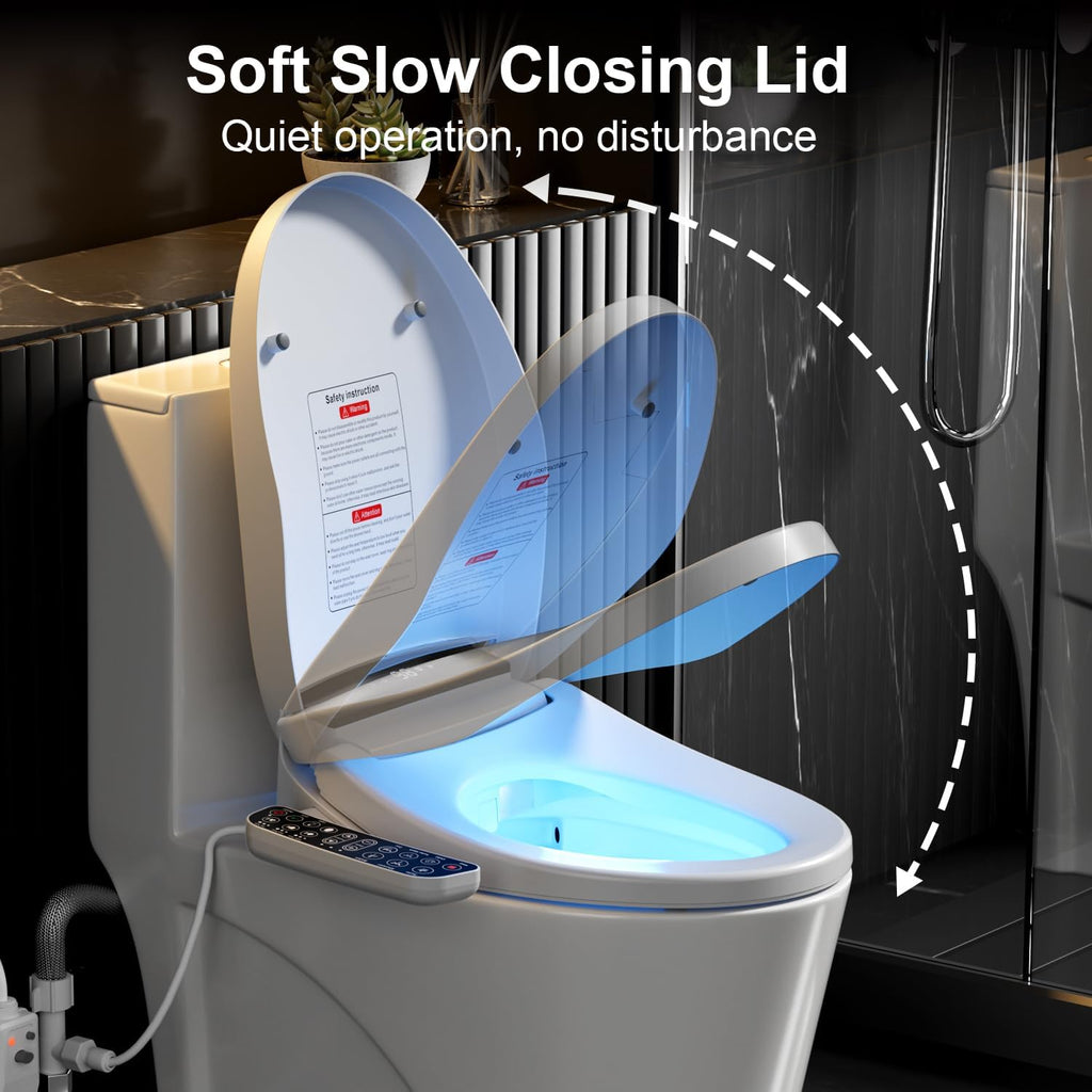 Electric Heated Bidet Toilet Seat with Warm Air Dryer, Toilet Seat with LED Display and Multiple Cleaning Modes (Elongated-White)