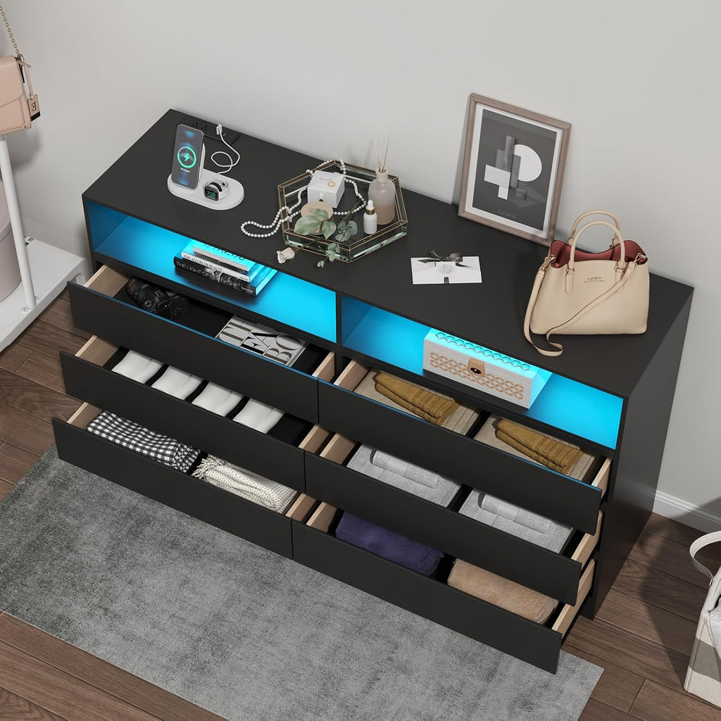 Gyfimoie 6 Drawer Double Dresser with Power Outlet, Accent Chests of Drawers with LED Light, Modern White Storage Dresser with Charging Station (Mirror Not Included)