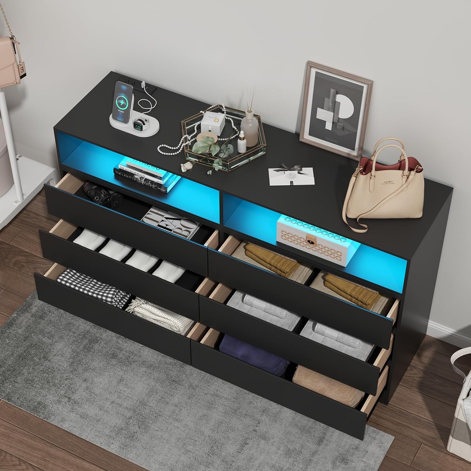 Gyfimoie 6 Drawer Double Dresser with Power Outlet, Accent Chests of Drawers with LED Light, Modern White Storage Dresser with Charging Station (Mirror Not Included)