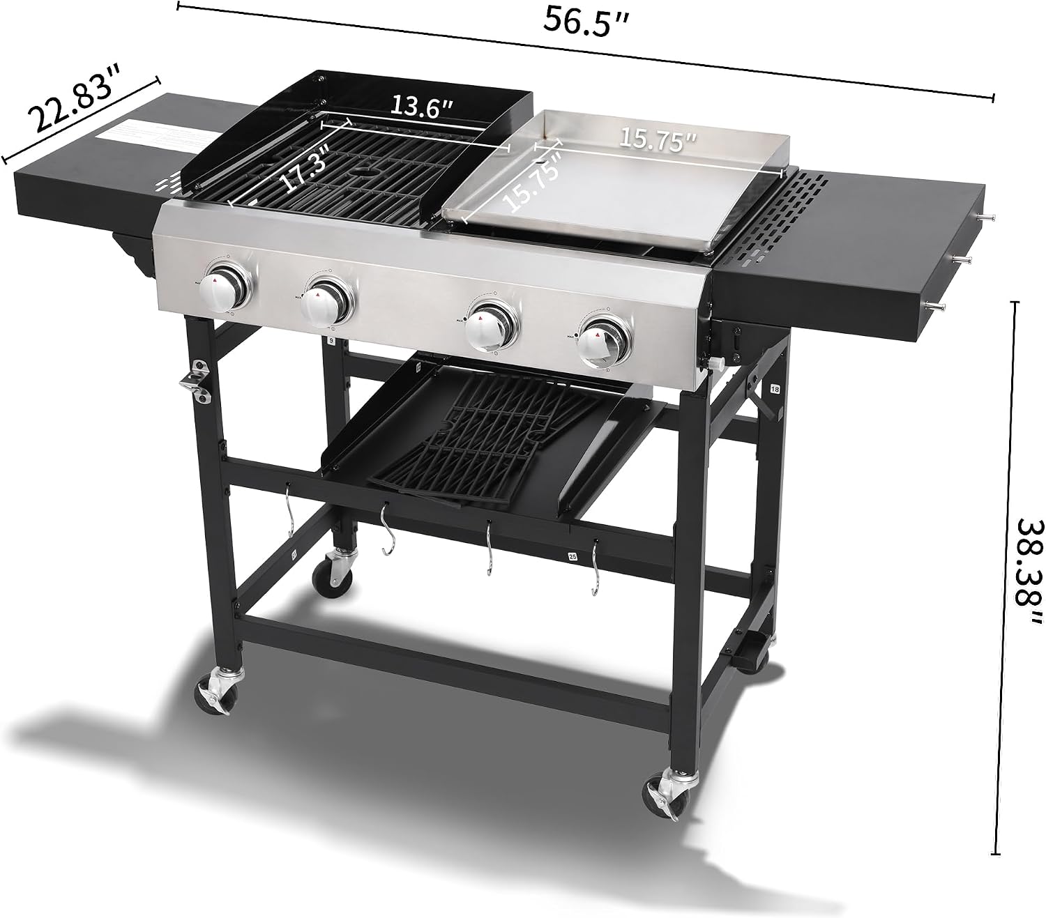 2+2 Gas Grill & Griddle Combo: 4 Burner Outdoor BBQ with Side Shelf & Storage - Modern Silver Black Design for Backyard Family Gatherings & Patio Parties
