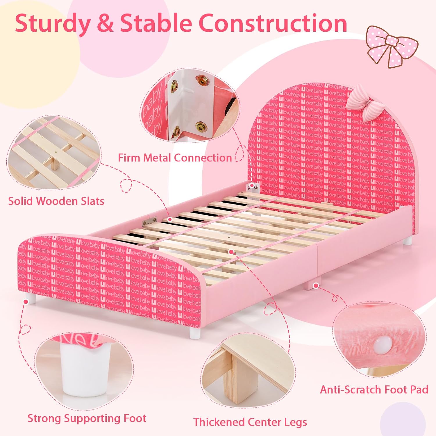 Costzon Twin Bed Frames for Kids, Wood Upholstered Twin Bed Platform with Slat Support, Padded Headboard&Footboard, No Box Spring Needed, Easy Assembly, Fits Standard Twin Mattress (Bow Tie)