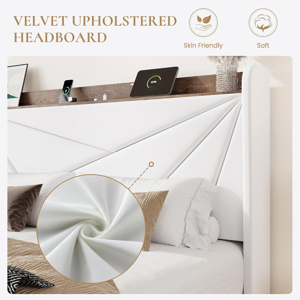 SHA CERLIN King Size Bed Frame with 3 Drawers, USB & Type-C Charging Ports, Velvet Upholstered Platform Bed with Modern Geometric Wingback Storage Headboard, No Box Spring Needed, Easy Assembly, White