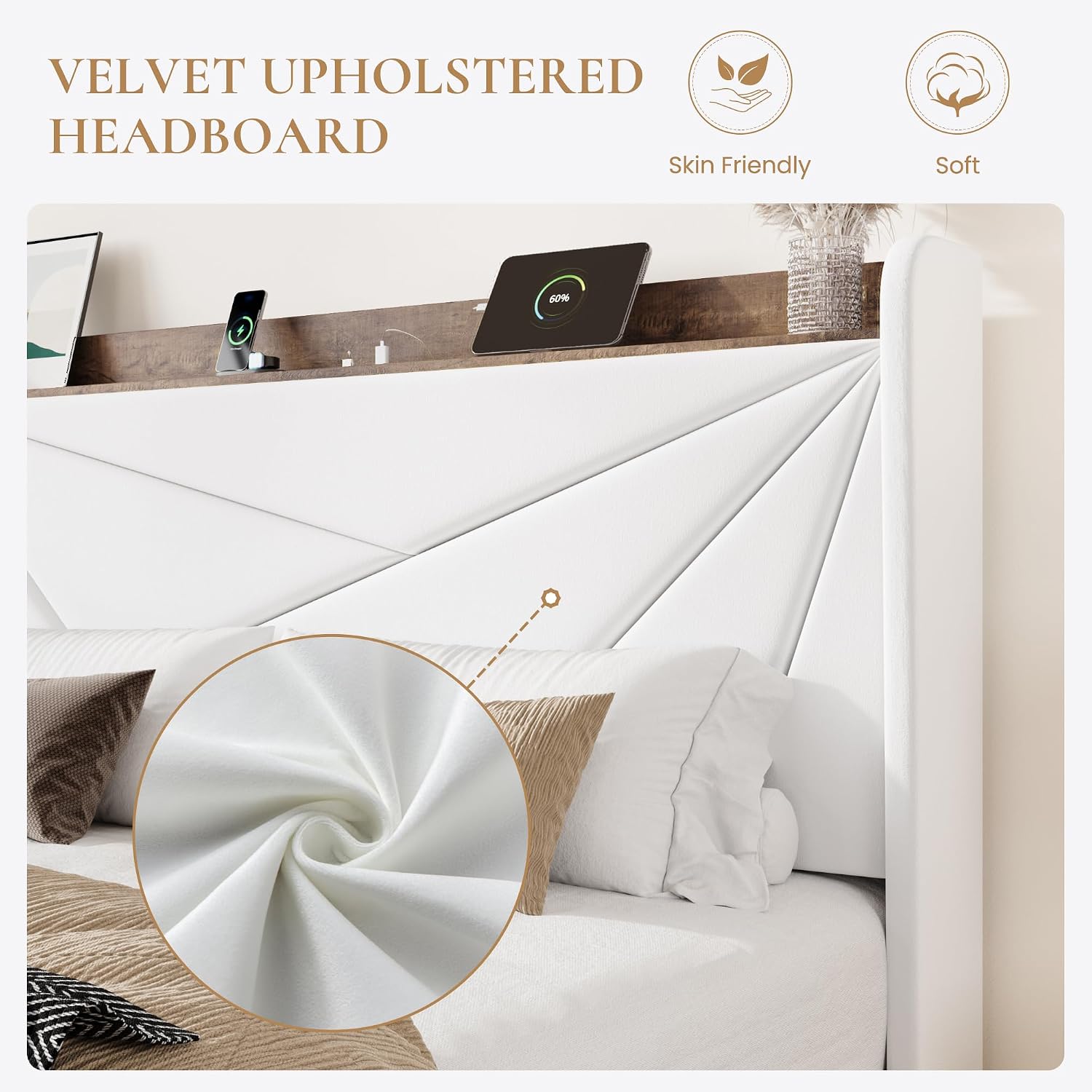 SHA CERLIN King Size Bed Frame with 3 Drawers, USB & Type-C Charging Ports, Velvet Upholstered Platform Bed with Modern Geometric Wingback Storage Headboard, No Box Spring Needed, Easy Assembly, White