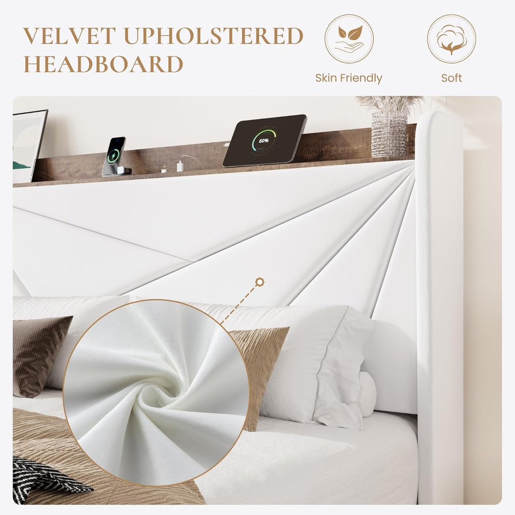 SHA CERLIN Full Size Bed Frame with 3 Drawers, USB & Type-C Charging Ports, Velvet Upholstered Platform Bed with Modern Geometric Wingback Storage Headboard, No Box Spring Needed, Easy Assembly, White