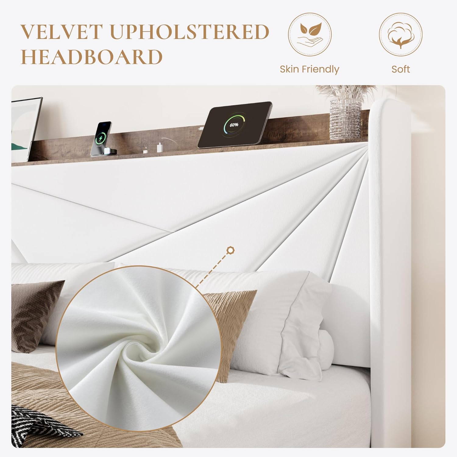 SHA CERLIN Full Size Bed Frame with 3 Drawers, USB & Type-C Charging Ports, Velvet Upholstered Platform Bed with Modern Geometric Wingback Storage Headboard, No Box Spring Needed, Easy Assembly, White