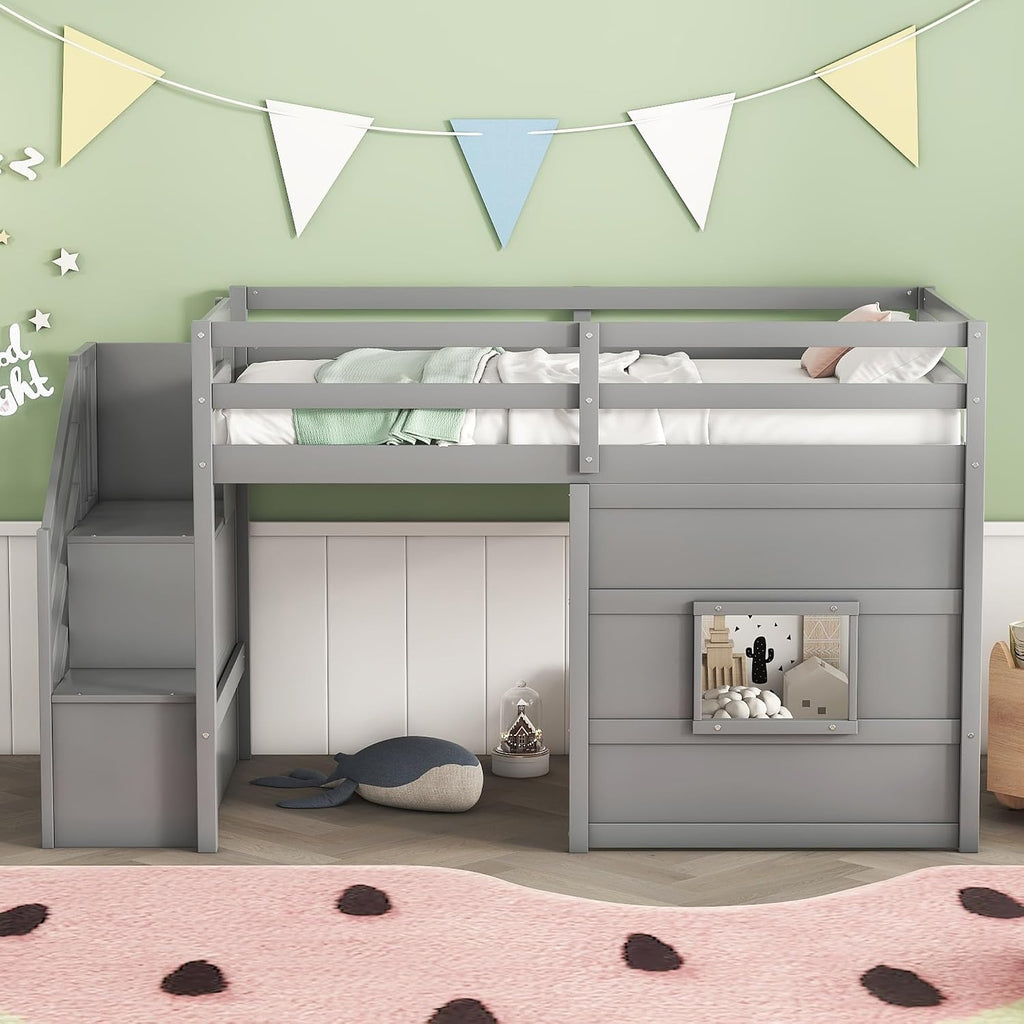 Harper & Bright Designs Low Loft Bed Twin Size with Stairs and Storage Shelves for Saving Space, Wood Loft Bed Frame with Window, Grey