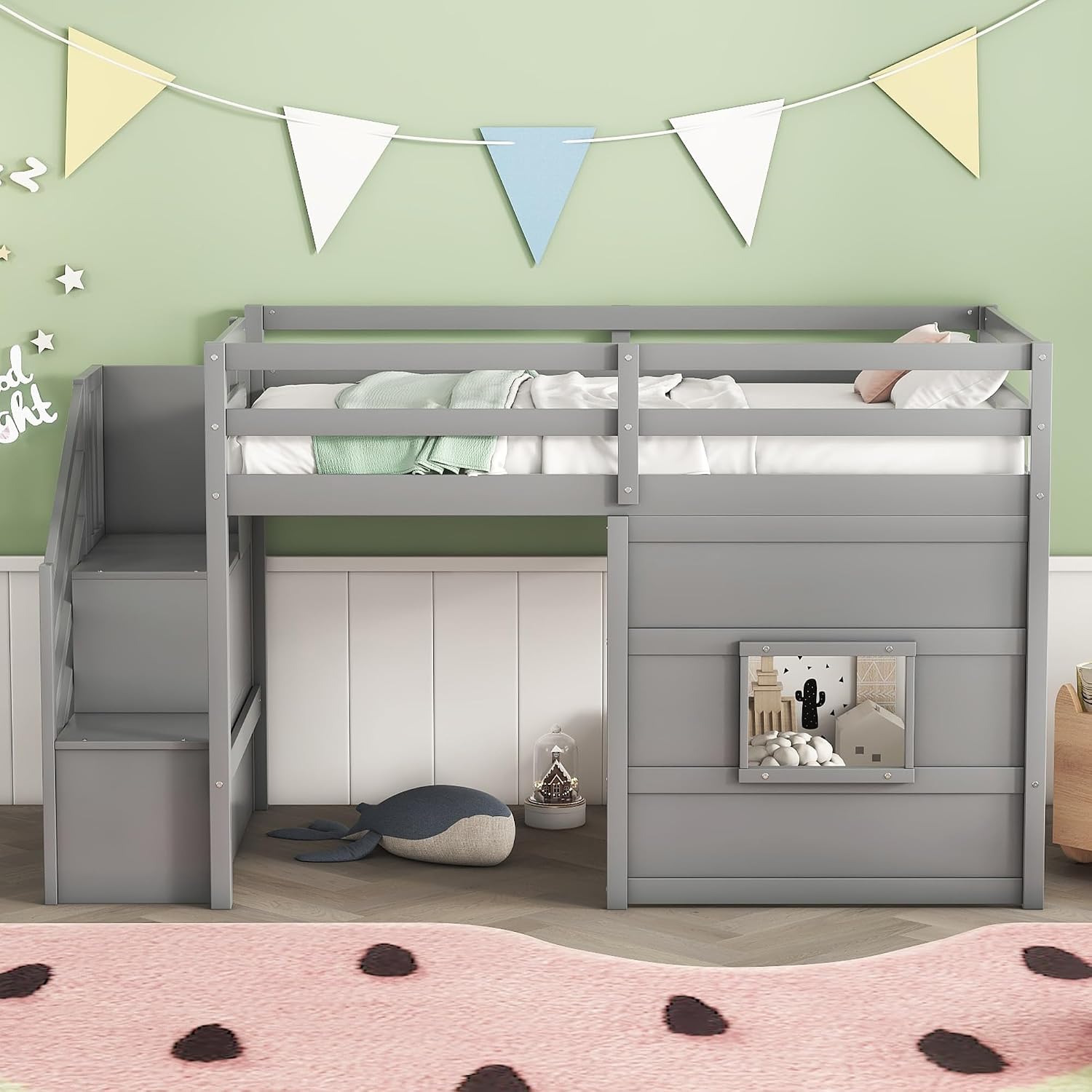 Harper & Bright Designs Low Loft Bed Twin Size with Stairs and Storage Shelves for Saving Space, Wood Loft Bed Frame with Window, Grey
