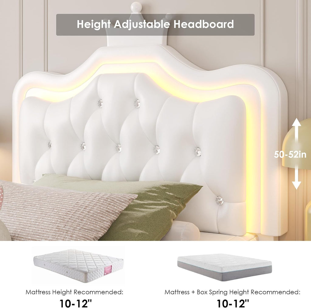Keyluv 2 Set Twin Upholstered LED Bed Frame with Storage Drawer for Kid, Leather Princess Platform Bed with Adjustable Crystal Button Tufted Crown Headboard, Solid Woode Slats Support, White